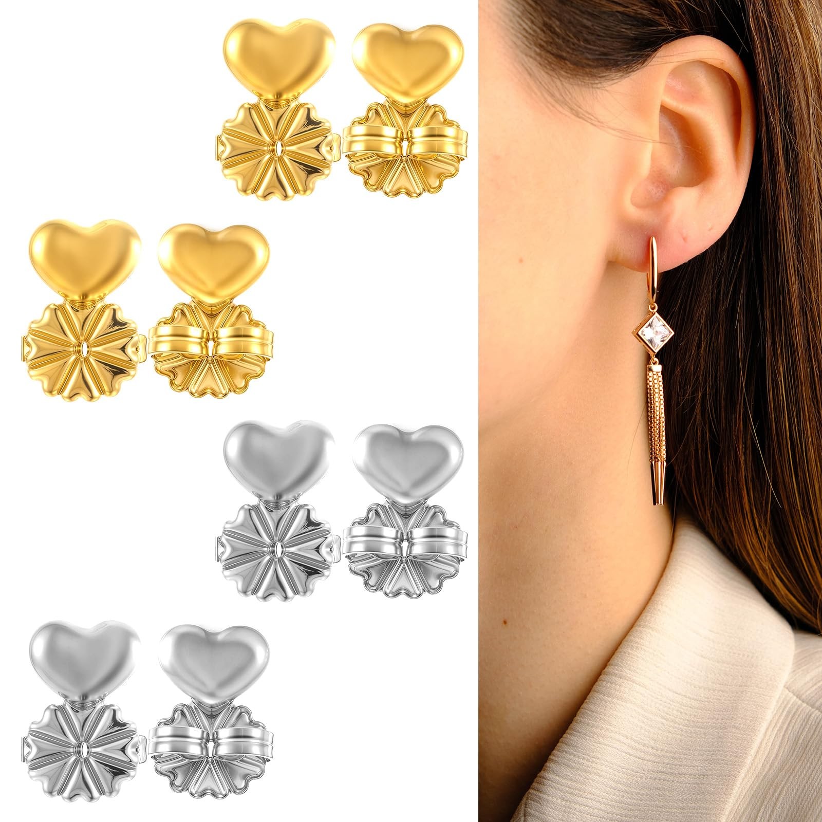 HJZHII 4 Pairs Earring Backs for Droopy Ears, Earring Lifter for Heavy Suppor...