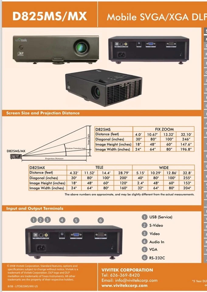 VIVITEK D825MS DLP Projector With Case, Remote, Cables