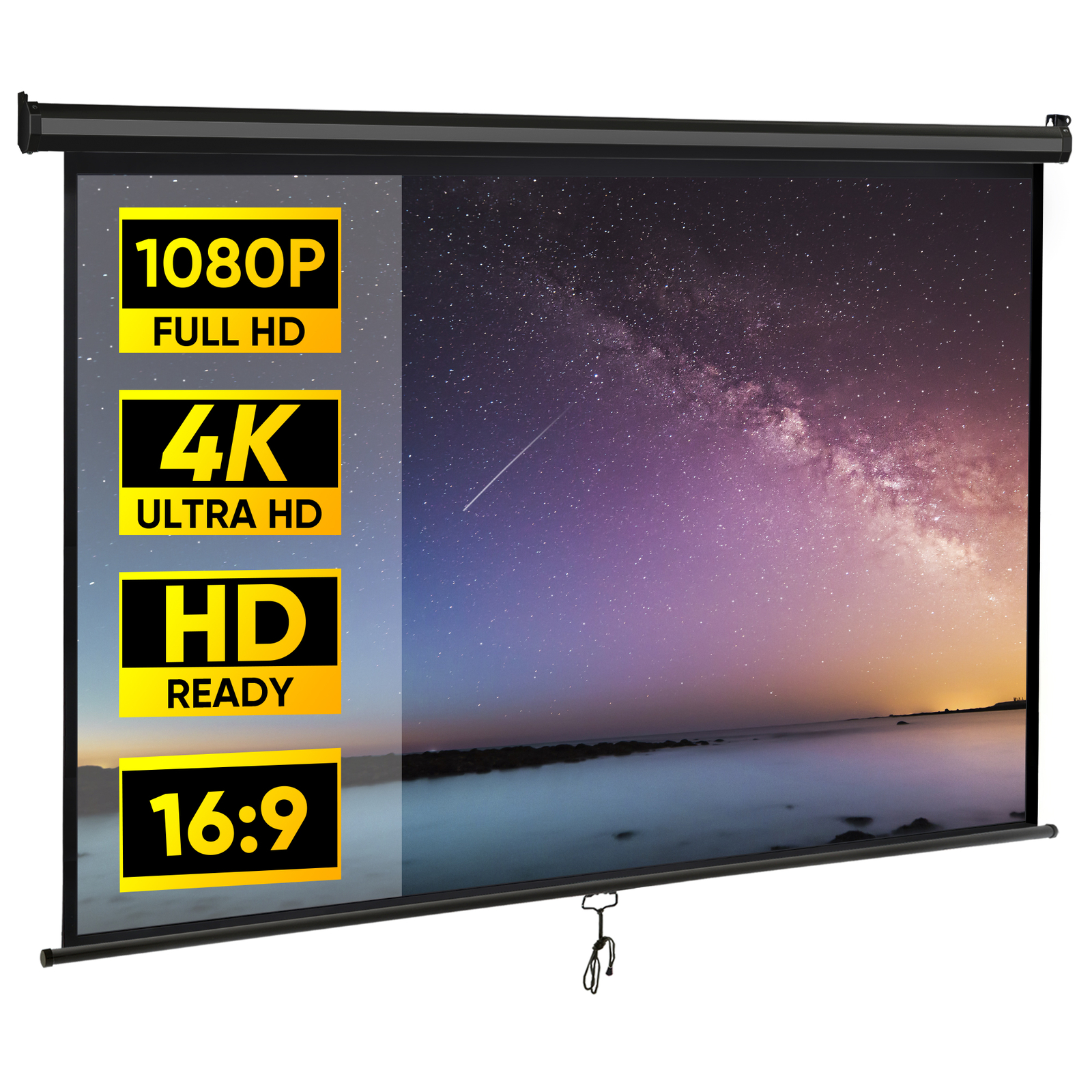 80" Manual Pull Down Projector Screen 3D Viewing Wall & Ceiling Mounted Black