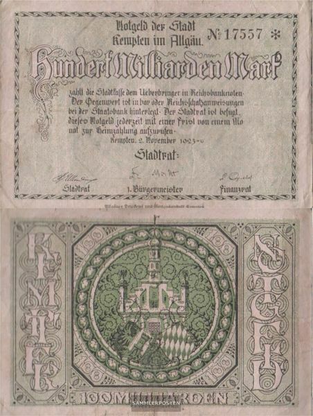 Kempten Inflationsgeld City Kempten in allgäu used (III) 1923 100 Billion Mark