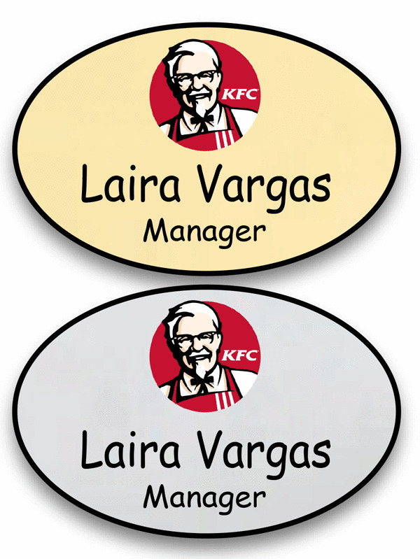 1 GOLD & 1 SILVER OVAL KFC PERSONALIZED NAME BADGES MAGNETIC FASTENER