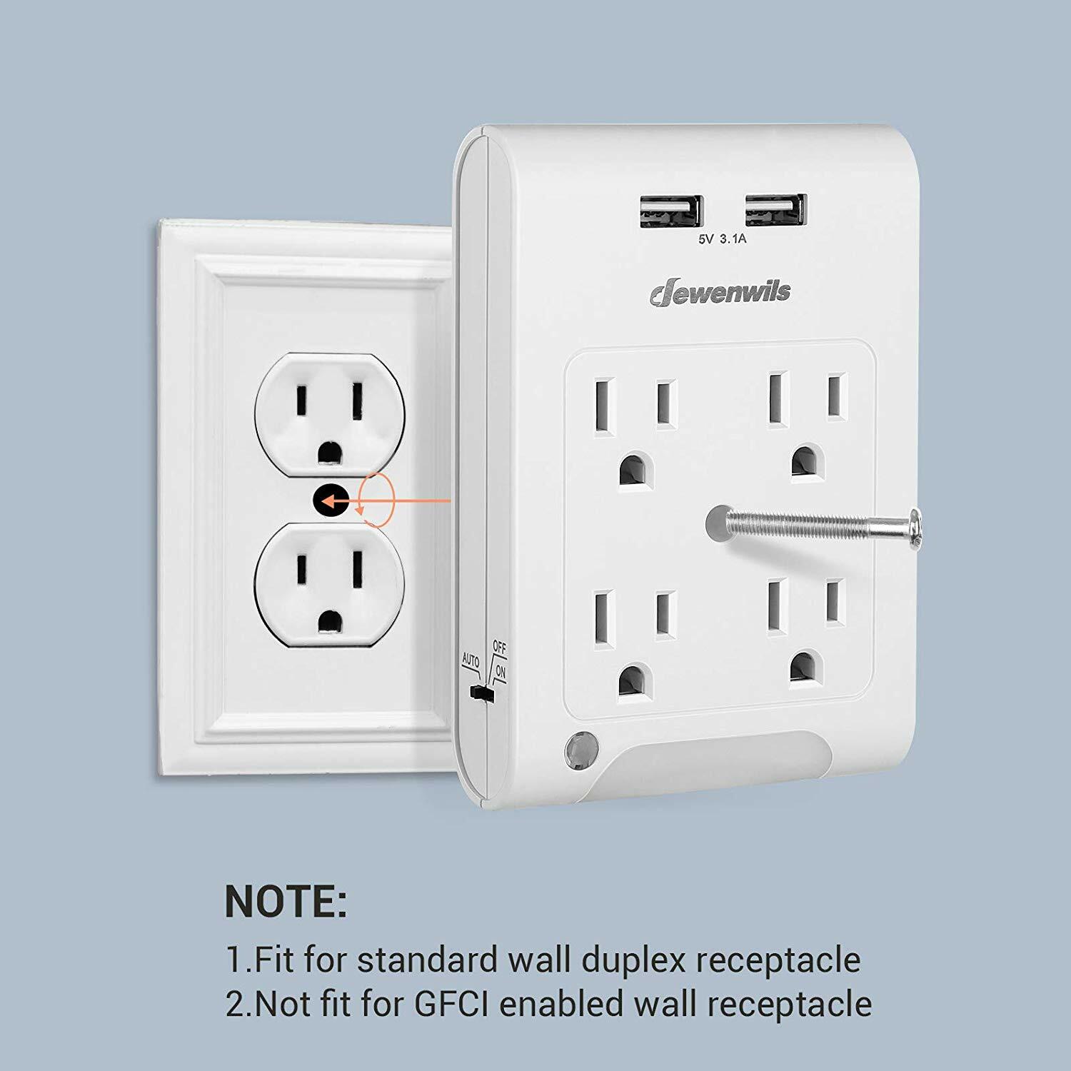 DEWENWILS Wall Plug Outlet Adapter with 2 USB Ports Light Sensor Night Light