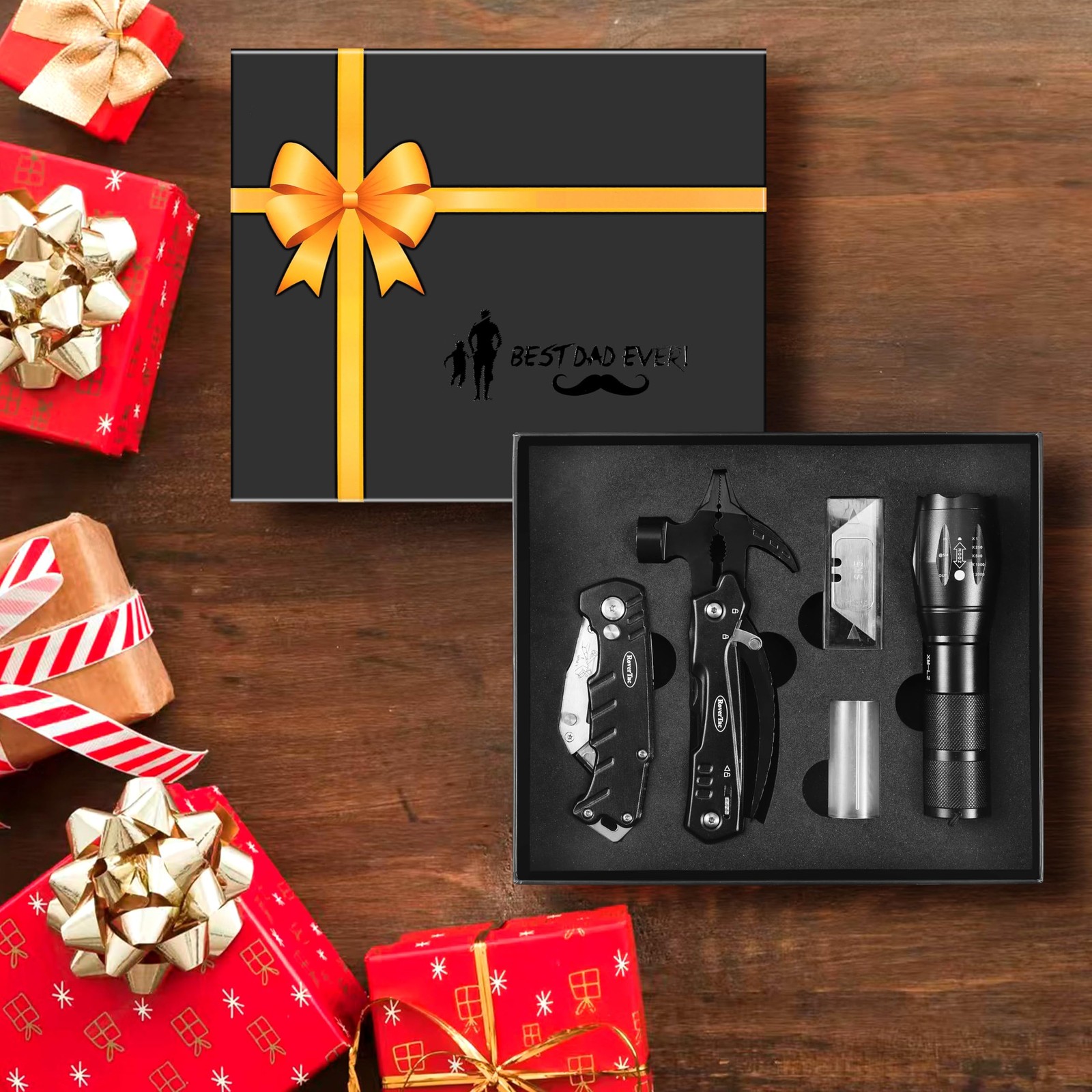 RoverTac Dad Tool Gift Set, 12-in-1 Multitool Hammer, Flashlight & Black