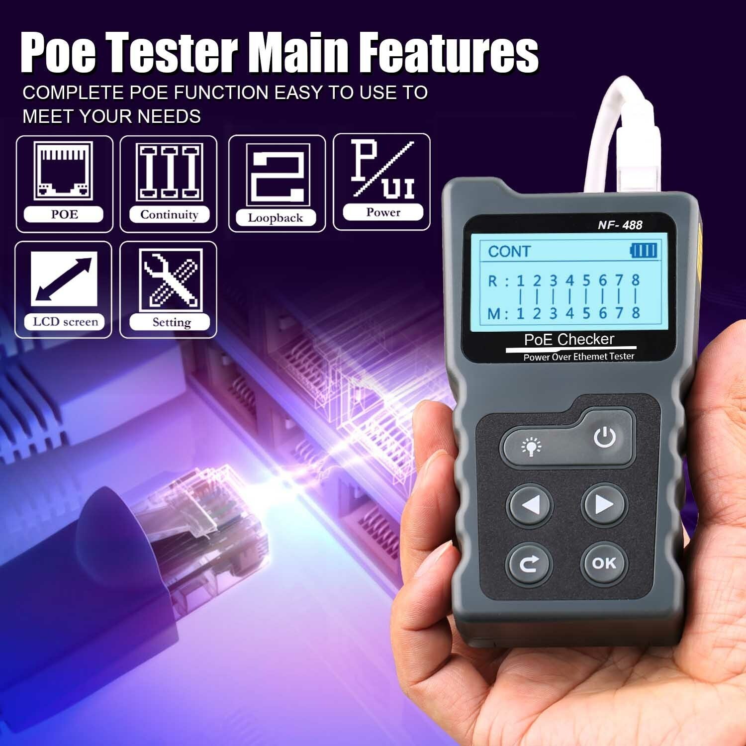 NETWORK CABLE TESTER LAN WIRE METER POE RJ45 ETHERNET VOLTAGE CURRENT TESTER