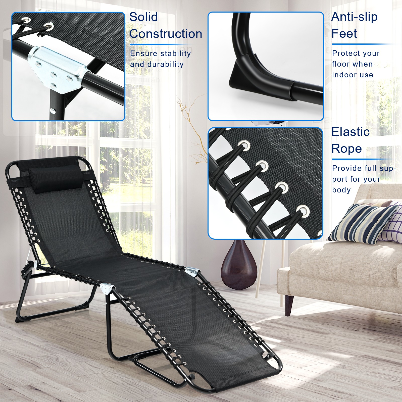 Costway Folding Beach Lounge Chair 4-Level Backrest Heightening Design Black