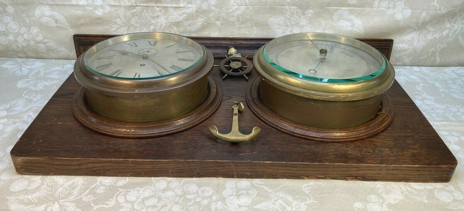 Antique Ships Clock & Barometer on Oak Wall Plaque Clock Running Bar Operating?