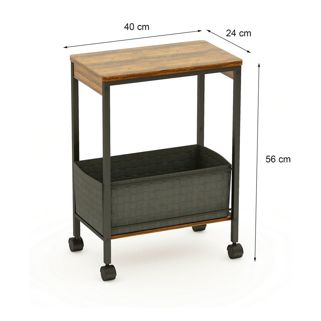 Rustic Brown Rolling Narrow Side End Table Wheels Storage Bin 15.75x9.84 Inch