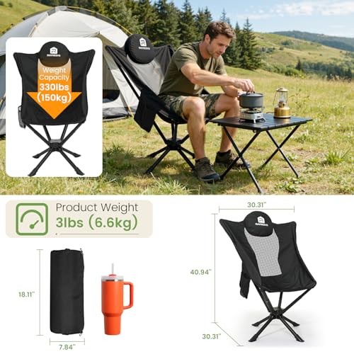 360° Rotation Camping Chair, Compact Hiking Chair with Cup Holder & Black