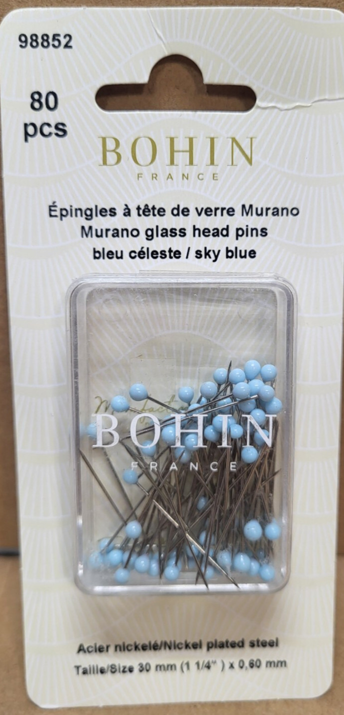 Bohin, Extra Fine Murano Glass Head Pins 80pk (1-1/4") Sky Blue 98852
