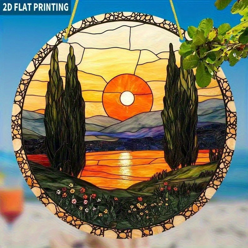 Italian Cypress Trees Lake Sunset Mountain View Acrylic Suncatcher Window Decor