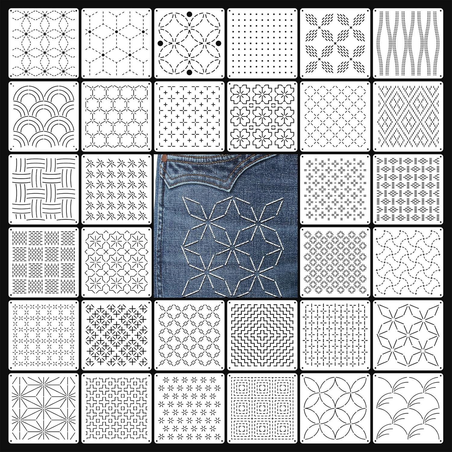 32 Piece Sashiko Stencil Kit 5.1 X 5.1 Inch PET Templates | Reusable Plastic Sas