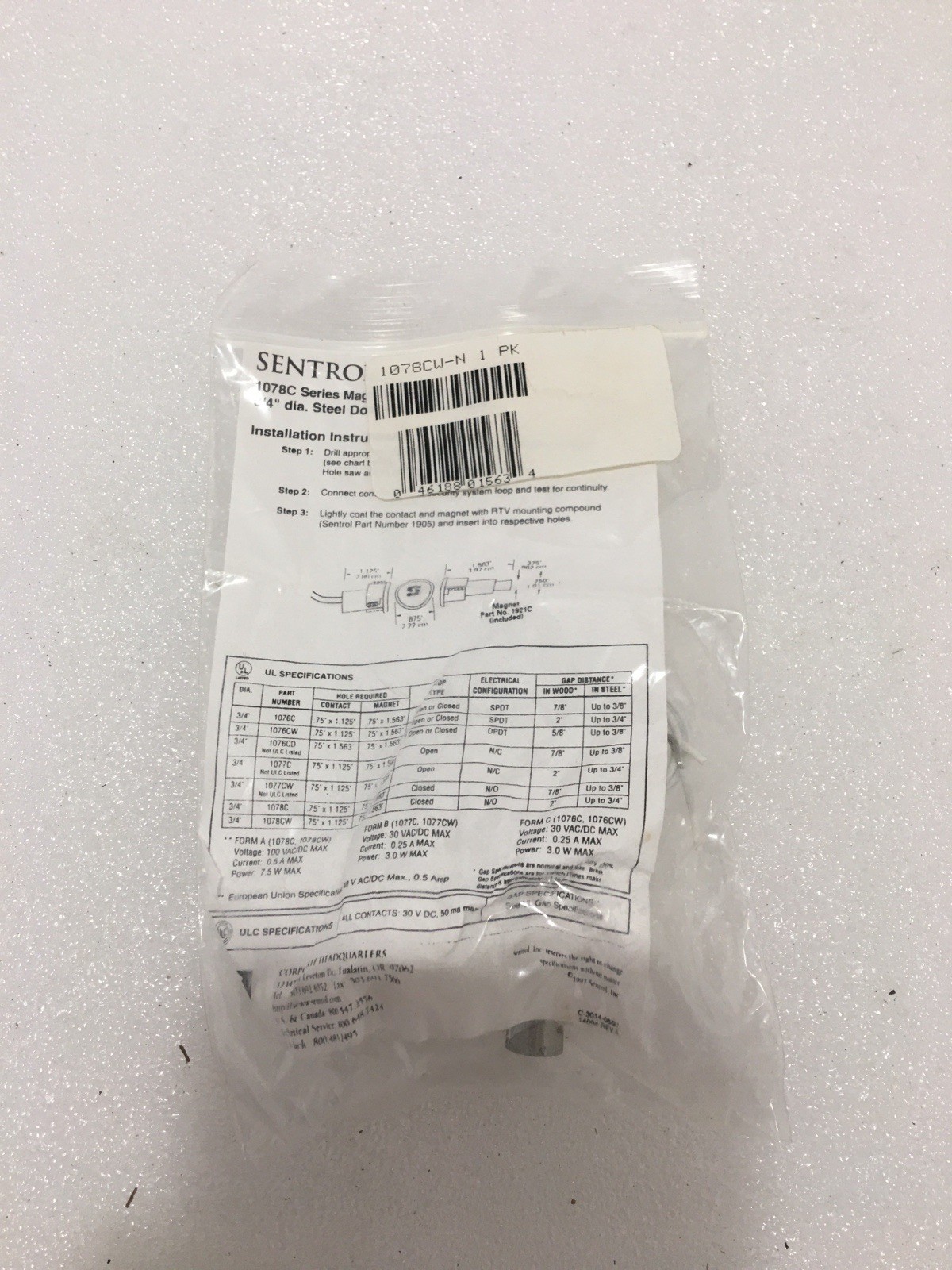 Sonitrol 1078-C Recessed Magnetic Contact New White