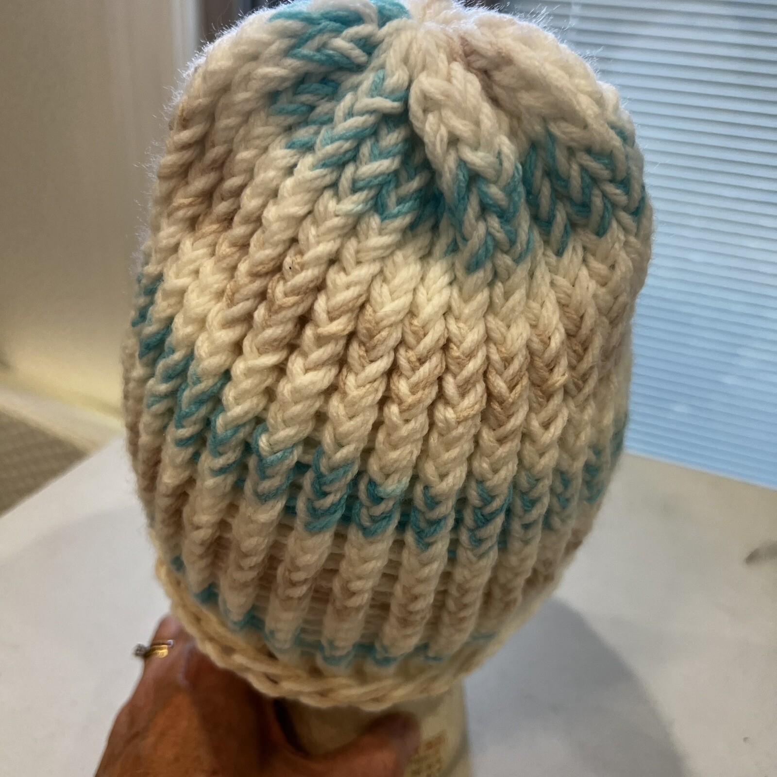 Tan White Light Blue Knitted Hat Cap Small EUC