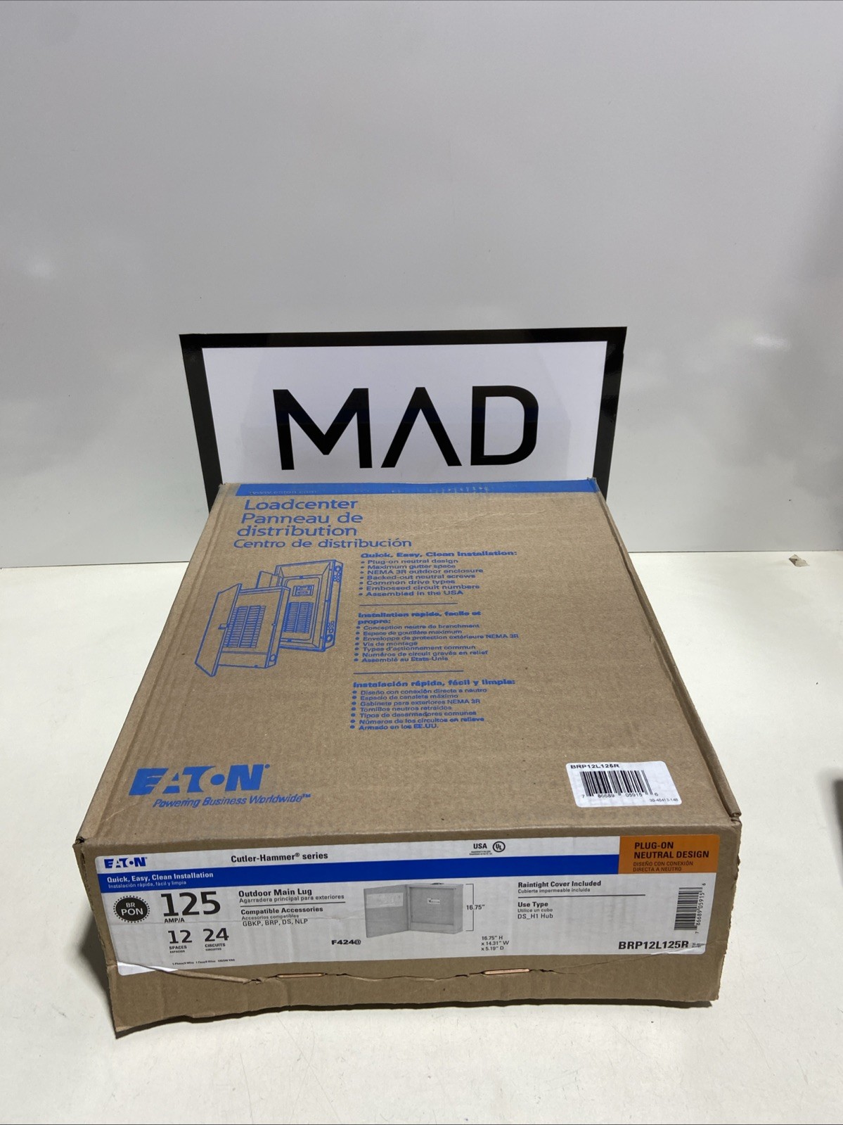 CH Eaton BRP12L125R Loadcenter, 125A MLO, 120/240V, 1PH3W, 12/24N3R- E1905-NEW-B