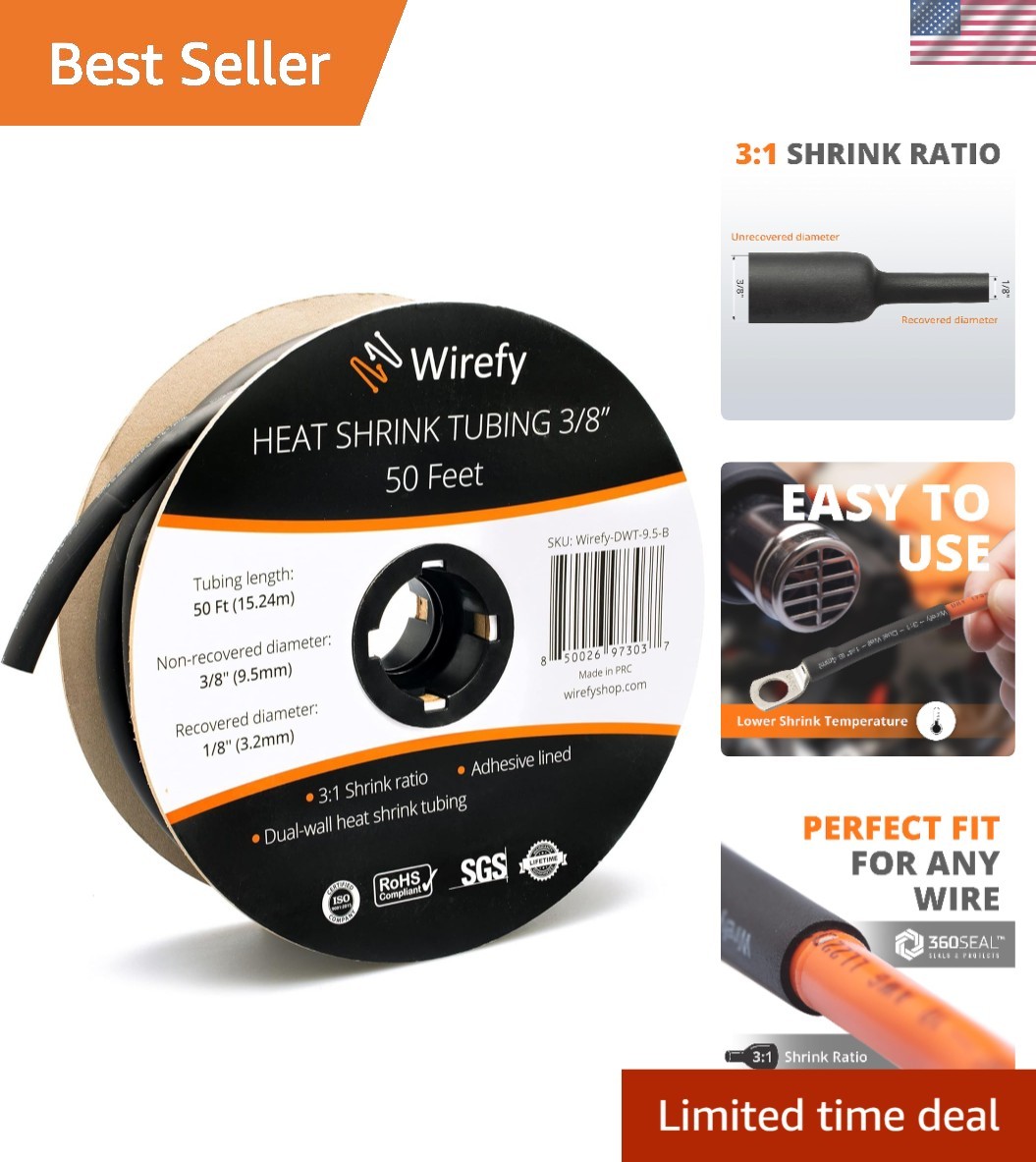 Heavy-Duty 3/8" Heat Shrink Tubing Roll - 50ft Waterproof Insulation,  Listed