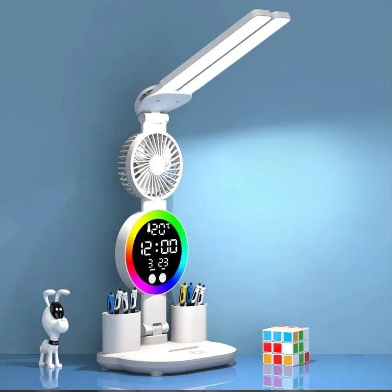 LED Table Lamp with Fan And Clock Display Reading Desk Light for Study Night Lig