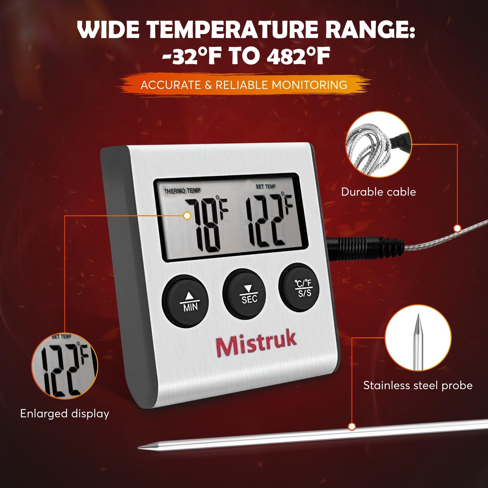 Digital Thermometer for Cooking with Stainless Steel Probe & Timer Alert – Ac...