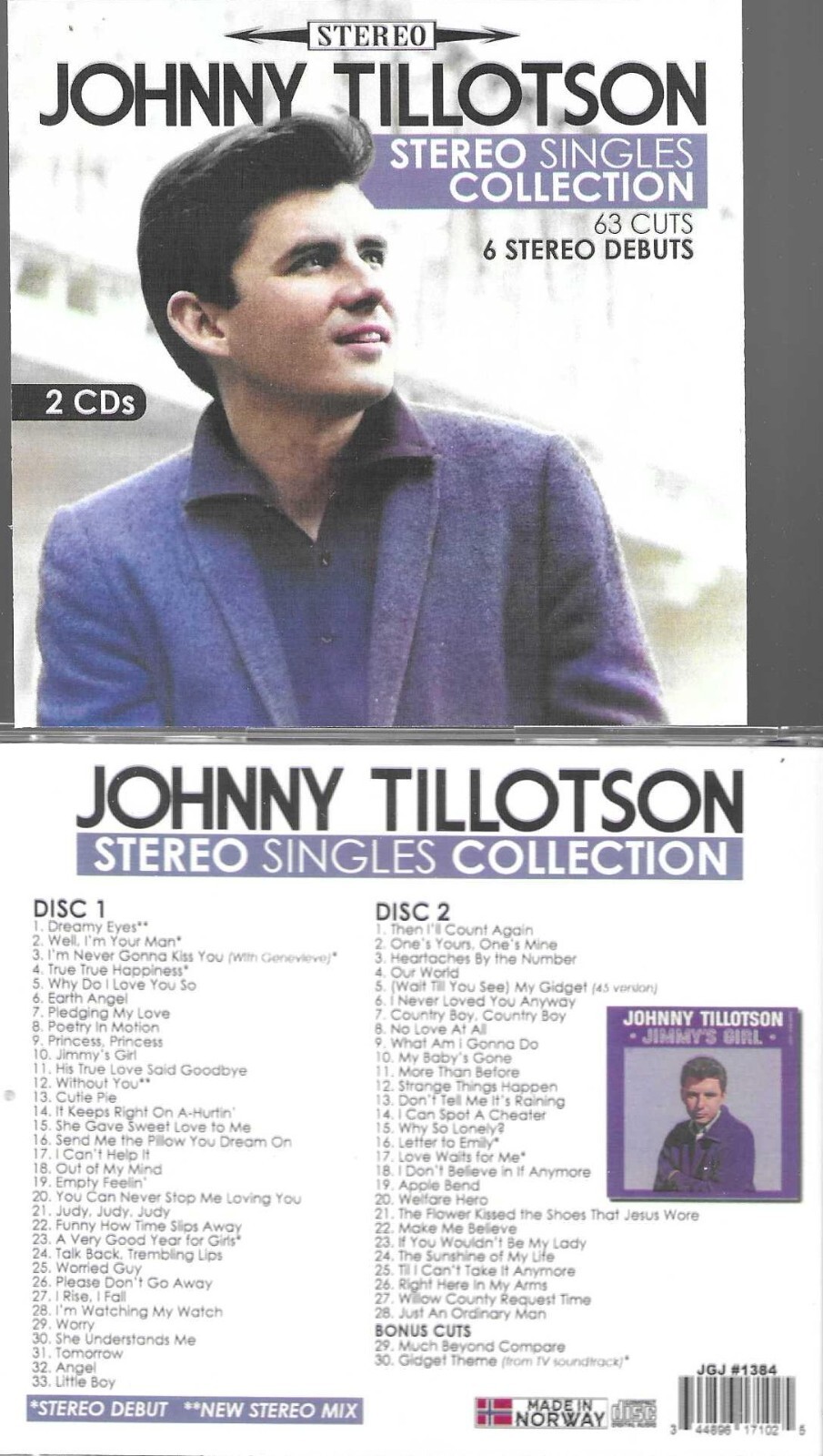 JOHNNY TILLOTSON-STEREO SINGLES COLLECTION-2 CD-63 CUTS-6 STEREO DEBUTS