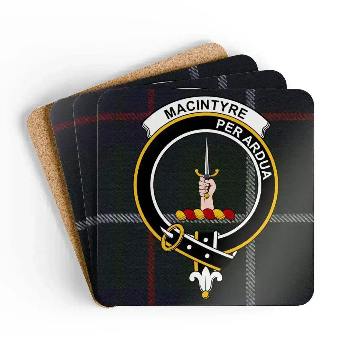 MacIntyre Clan Crest Tartan Coaster Set – Set of 4 Natural Cork