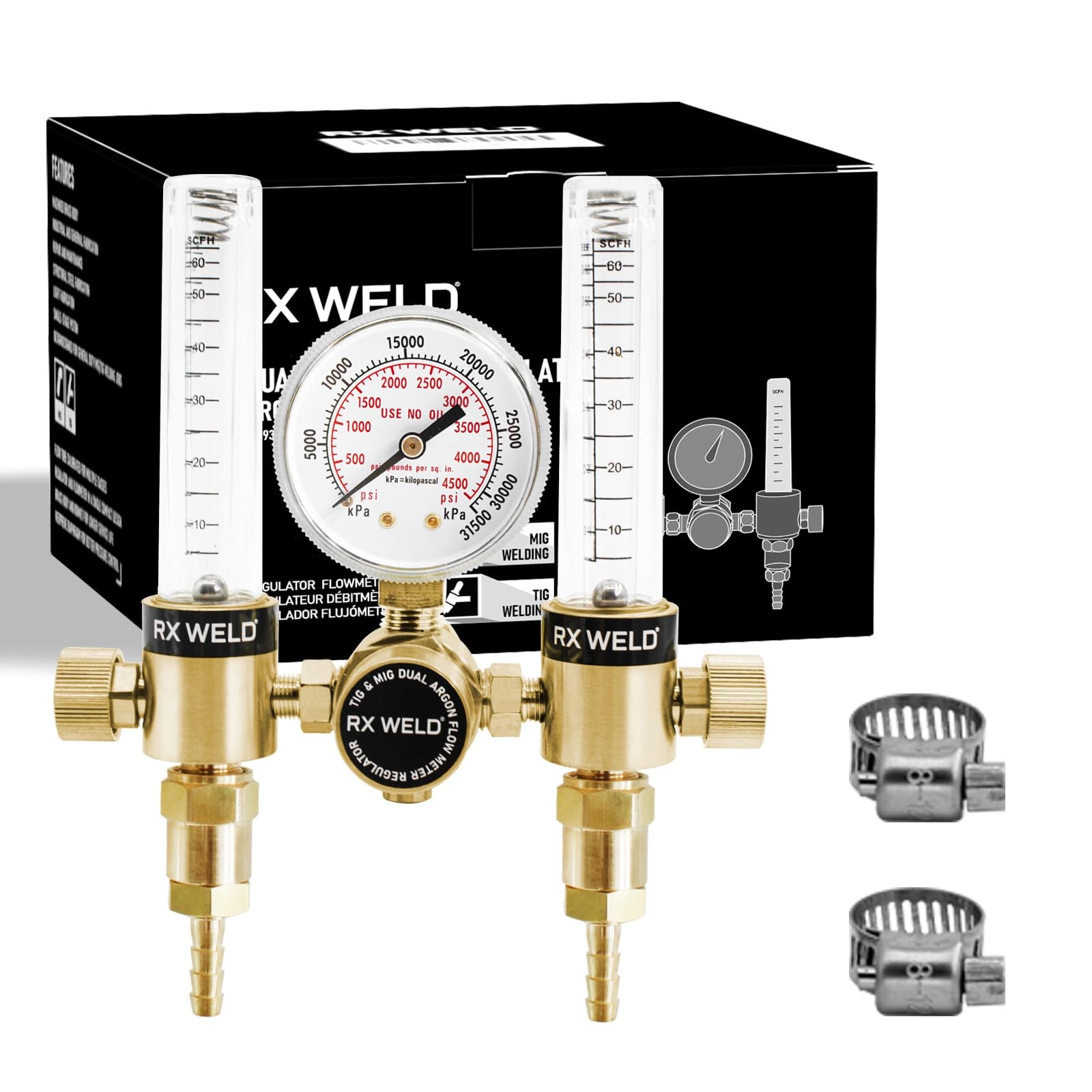 RX WELD Dual Output Argon Regulator Flow Meter Mig Tig 0-60CFH CGA580 Inlet 5...