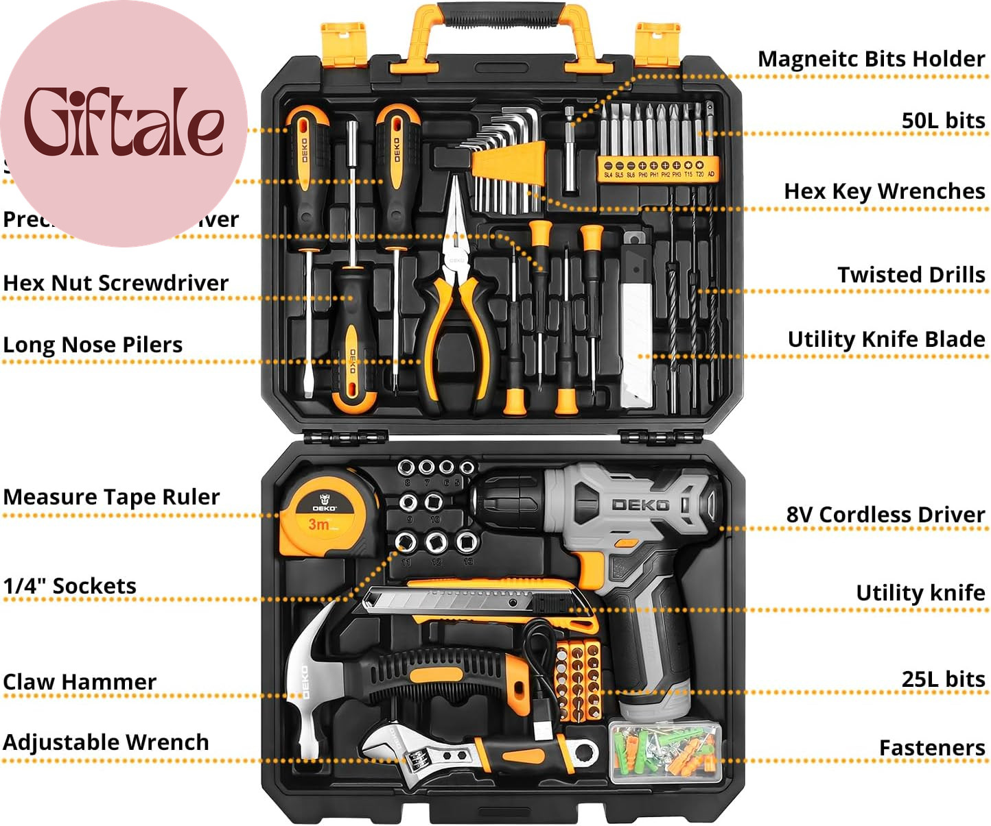 Tool Set：Tool Kit with 8V Cordless Drill,Tool Box with Drill,Hand Drill Set for