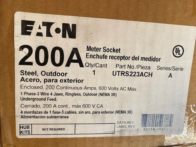 Eaton UTRS223ACH 200A Residential Service Meter Socket 4.94 Lx13 Wx13 H in (NEW)