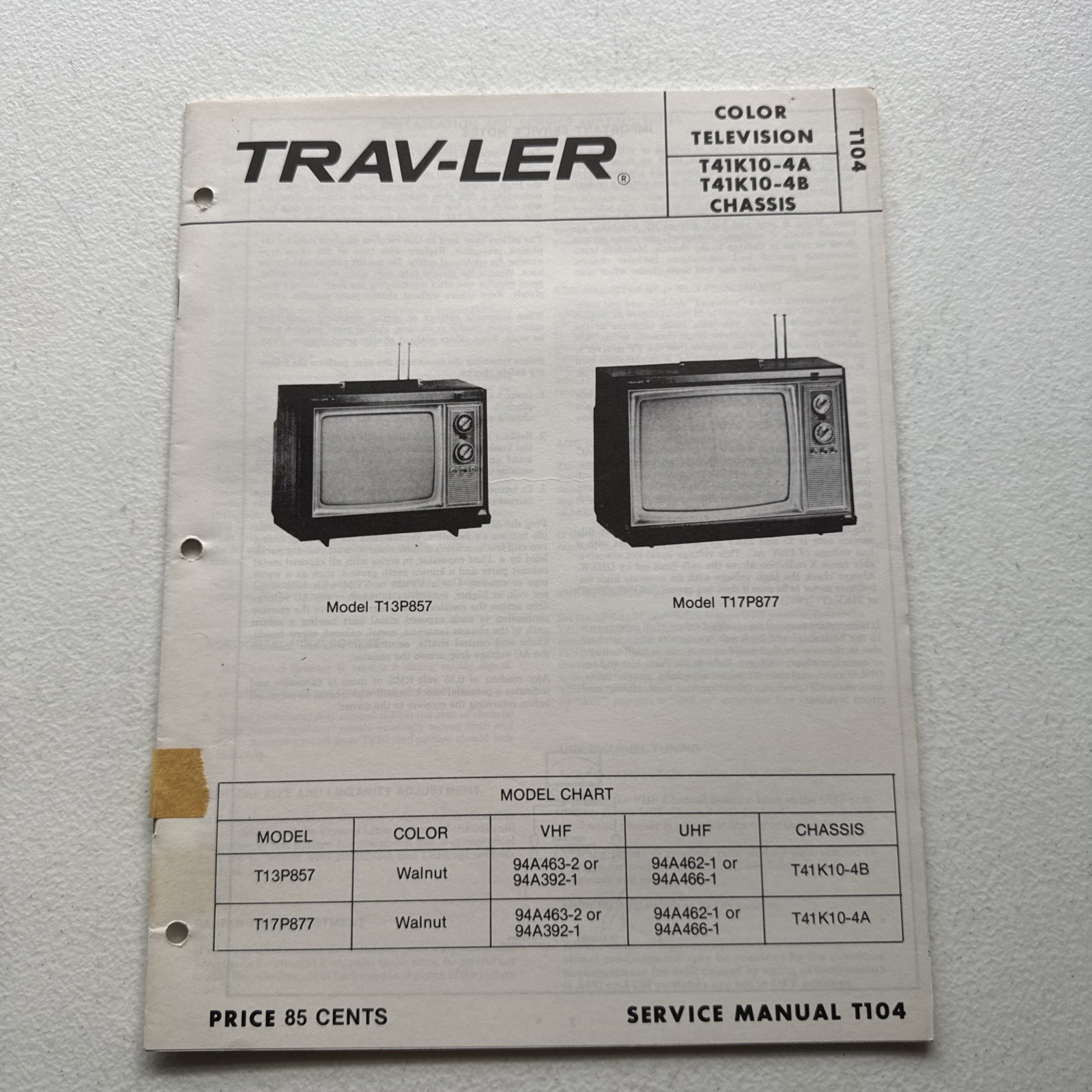 Trav-ler 1975 Color Television Models T13P857 & T17P877 Service Manual T104