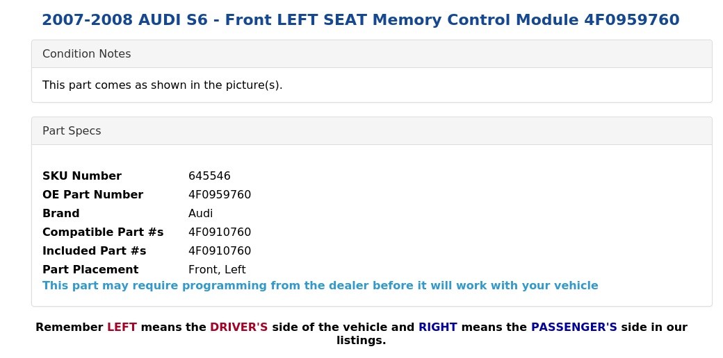 2007-2008 AUDI S6 - Front LEFT SEAT Memory Control Module 4F0959760
