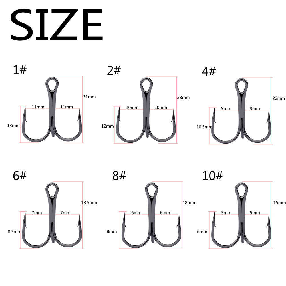 100pcs Black Treble Fishing Hook Round Bend Sharp Treble Hooks Size 2/4/6/8/10