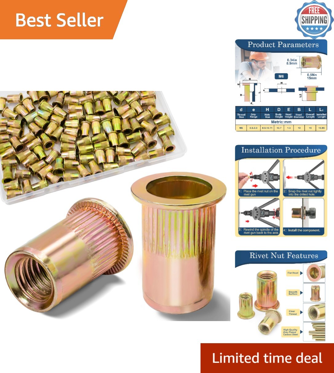 Versatile 115Pcs M6 Rivet Nuts Set - Carbon Steel for Easy Handling and Install