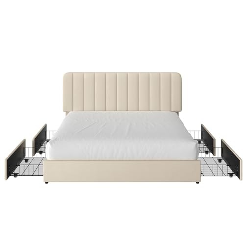 Size Upholstered Bed Frame with 4 Drawers Queen Beige Bed Frame with Drawer