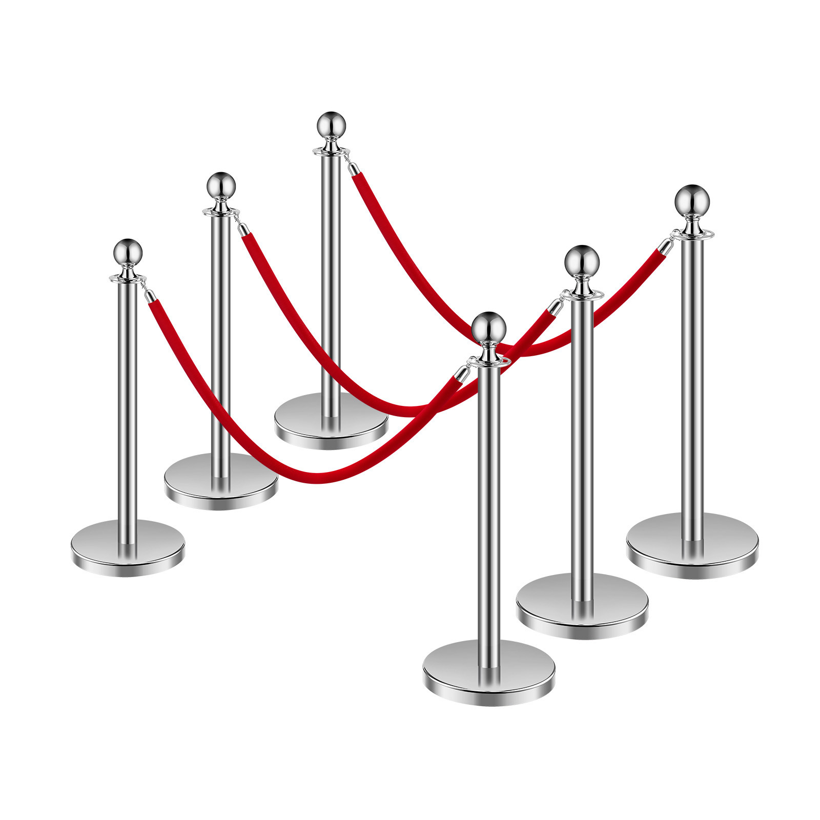 6 Pcs Silver Stanchion Post 3 Red Velvet Ropes Sand Injection Hollow Base