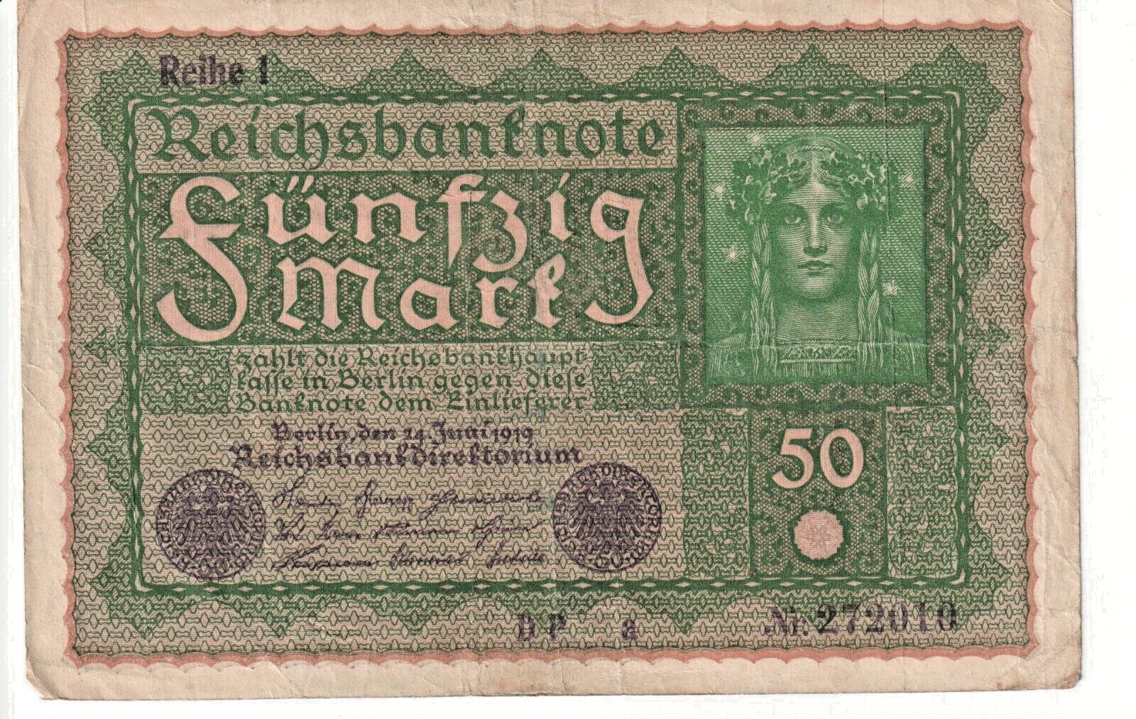 1919 Germany 50 Mark ReichsBanknote  P# 66 - Fine - # 23477