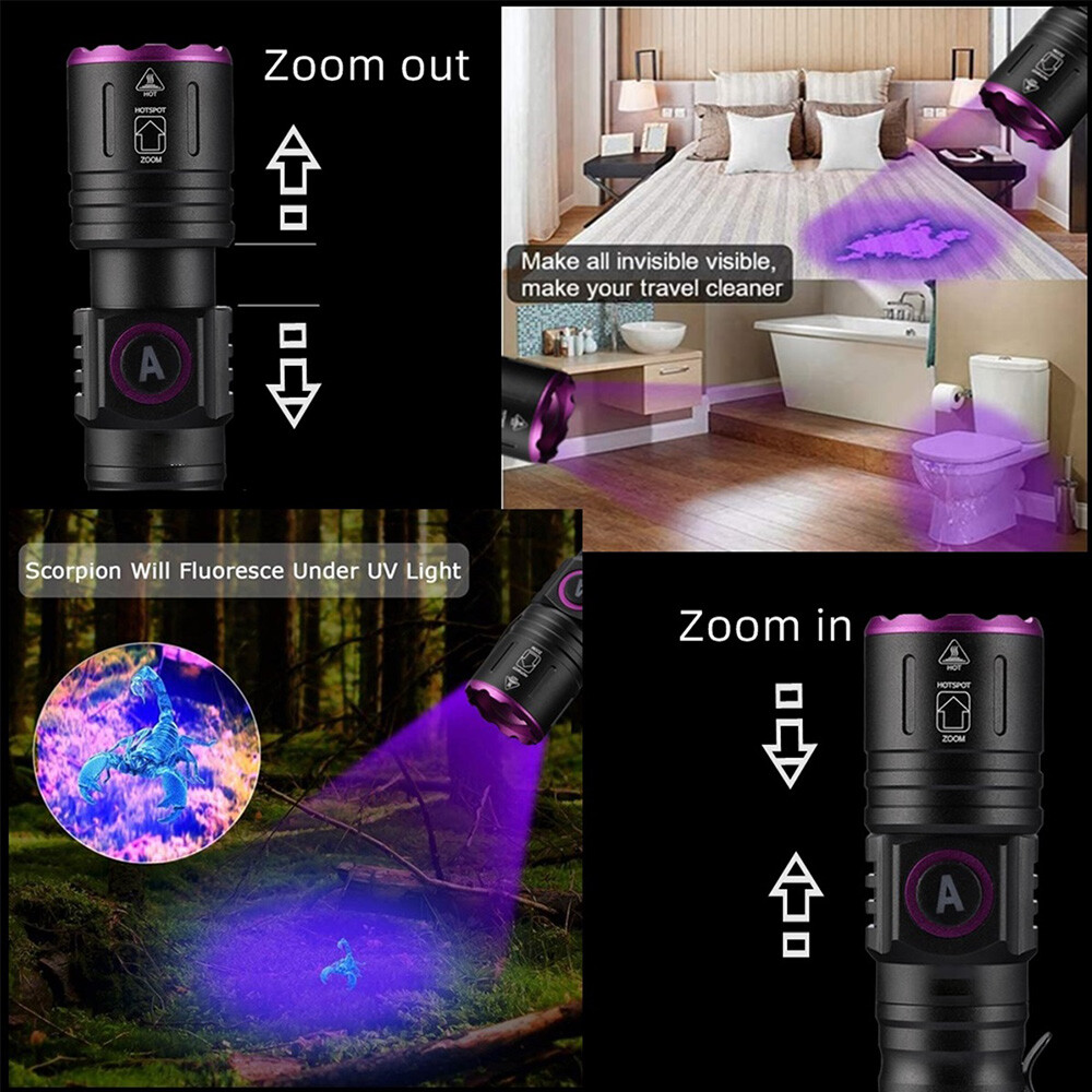 USB Rechargeable UV Light LED Flashlight 365nm Blacklight Inspect Torch Zoomable