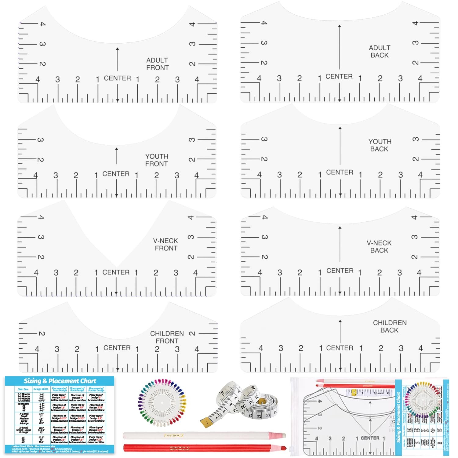 Tshirt Ruler Guide for Vinyl Alignment, for Heat Press, Alignment 12Pcs