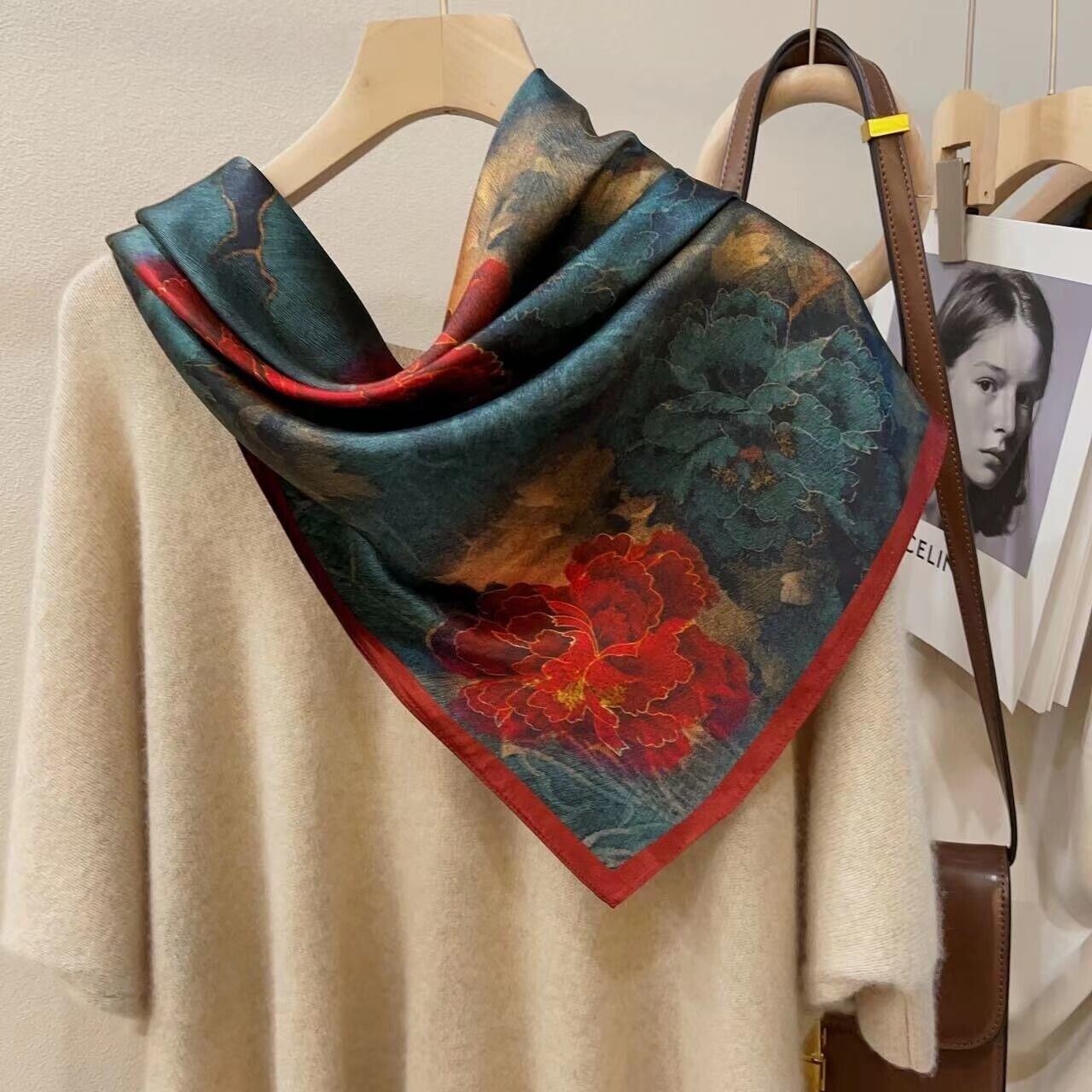 26"X26"Red Peony Print Pure Mulberry Satin Silk 12momme Scarf 65x65cm 6-24