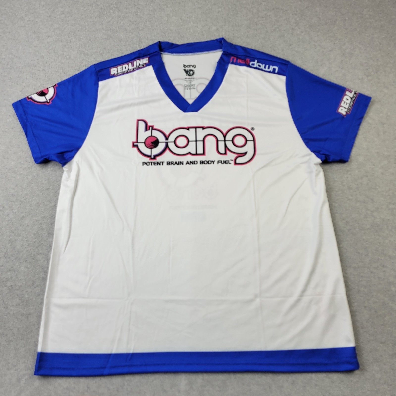 Bang Energy Drink Shirt Mens 2XL XXL White Blue Graphic Jersey Short Sleeve