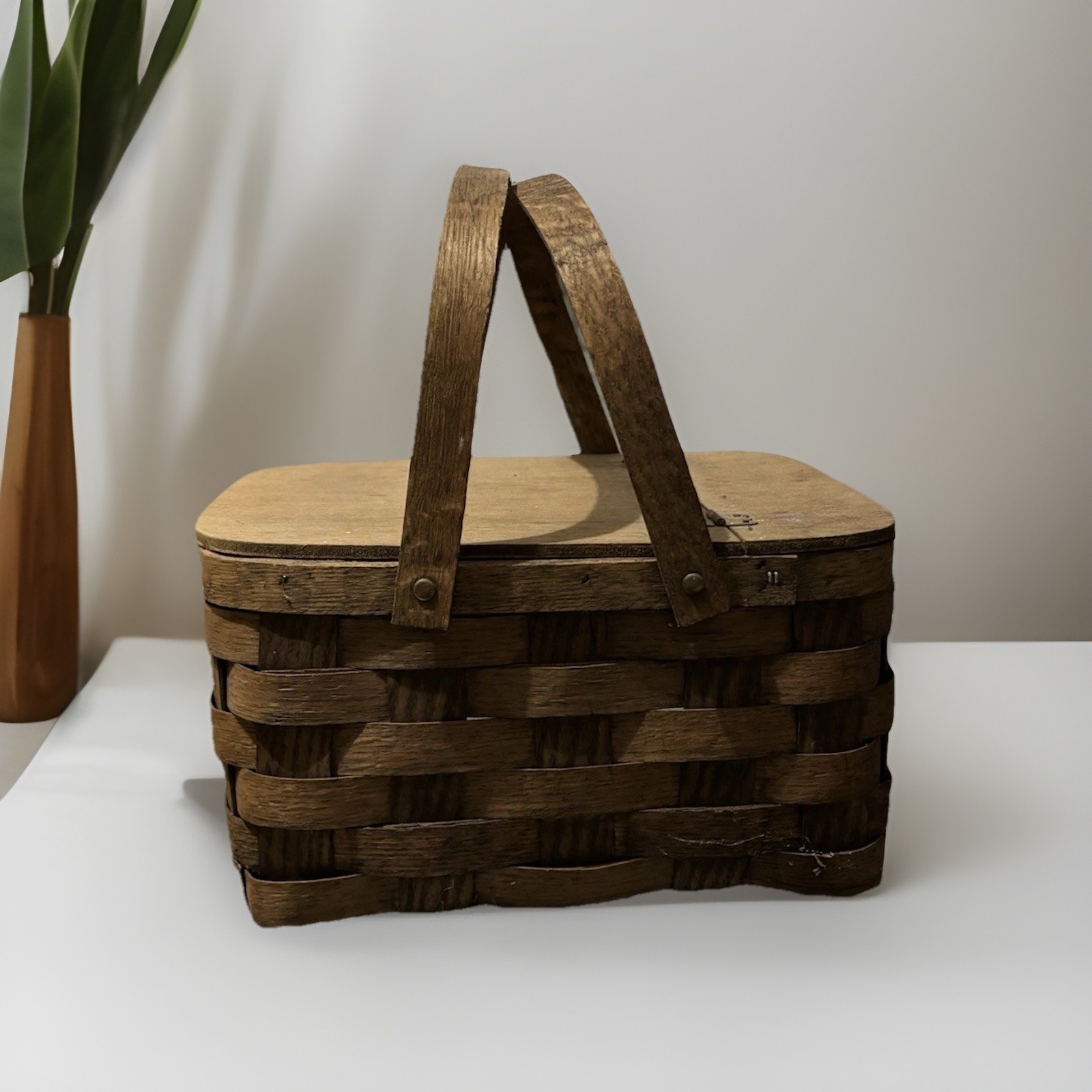 Vintage Woven Picnic Basket with Wooden Lid Handles Rustic Farmhouse Cottagecore