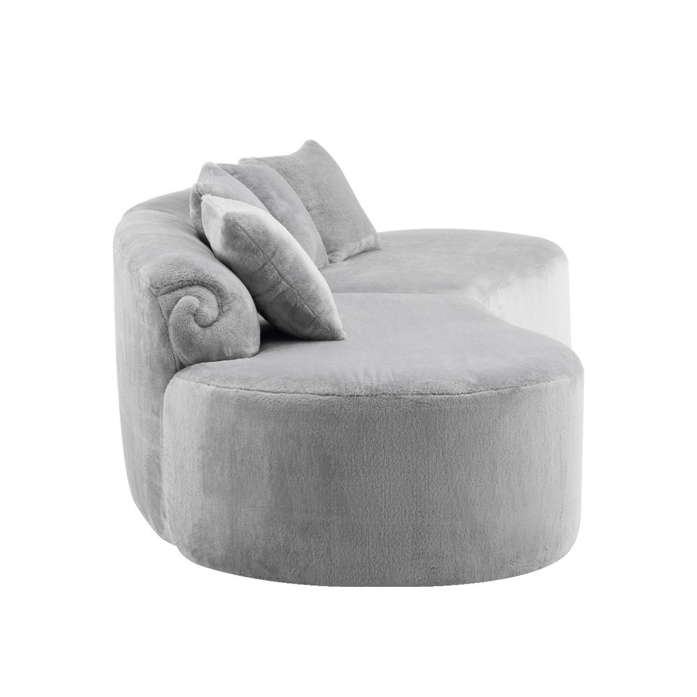 Curved Flannelette Sofa w/ Pillows, Light Gray, 4-Seat Modern Sectional
