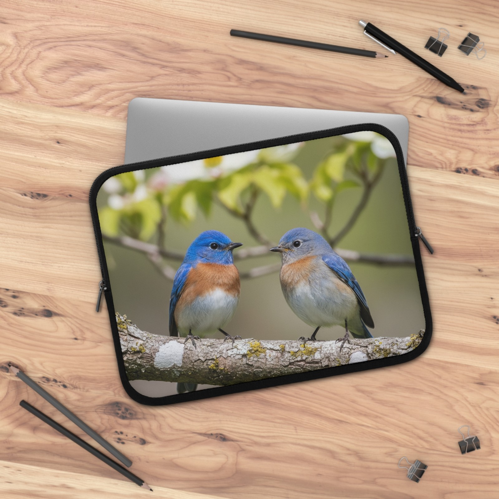 Eastern Bluebirds on Branch Laptop Sleeve | Nature Bird Photography