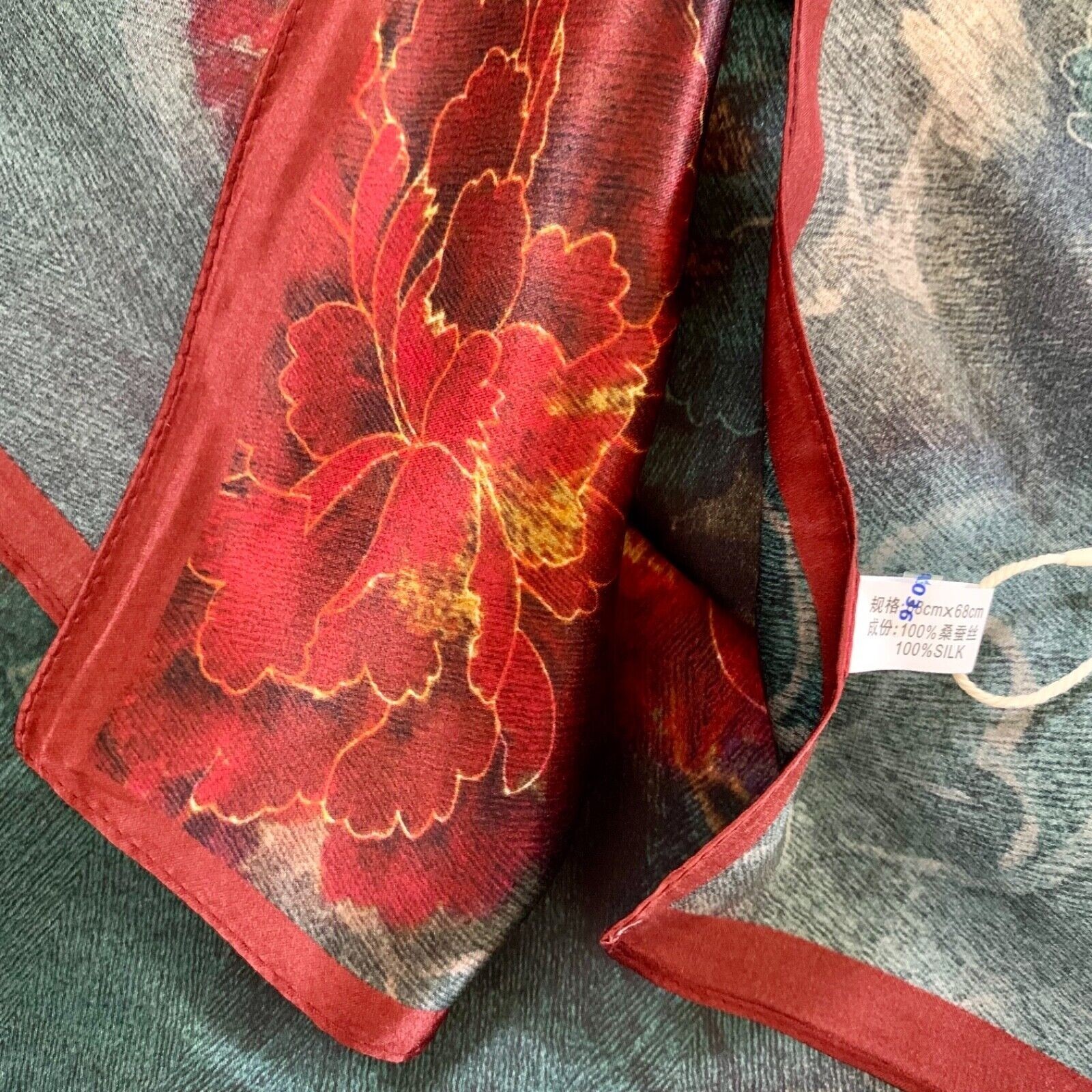 26"X26"Red Peony Print Pure Mulberry Satin Silk 12momme Scarf 65x65cm 6-24
