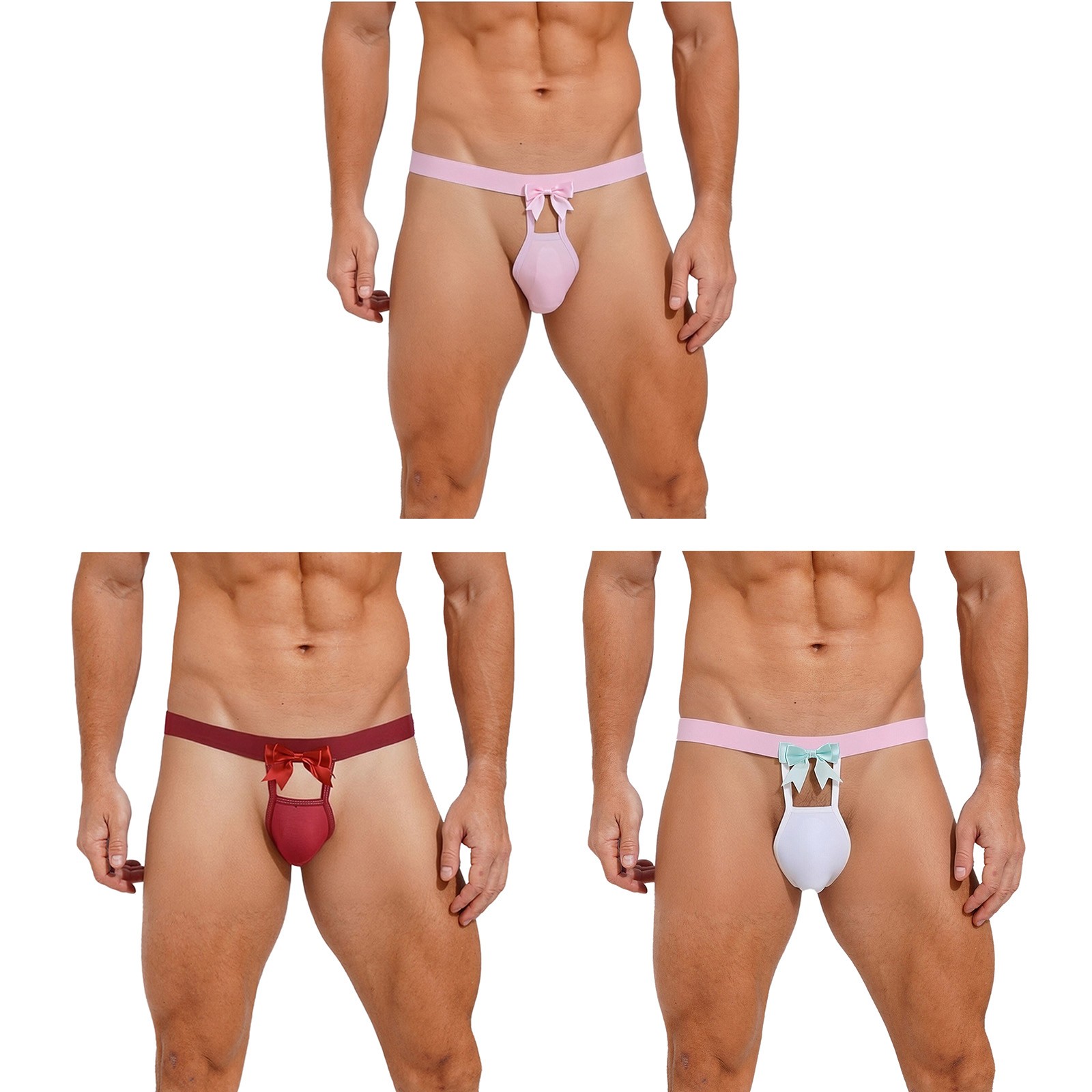 Mens Sissy 3D Pouch Cover Thongs Jockstrap Bow Lace Back Elastic Briefs Lingerie