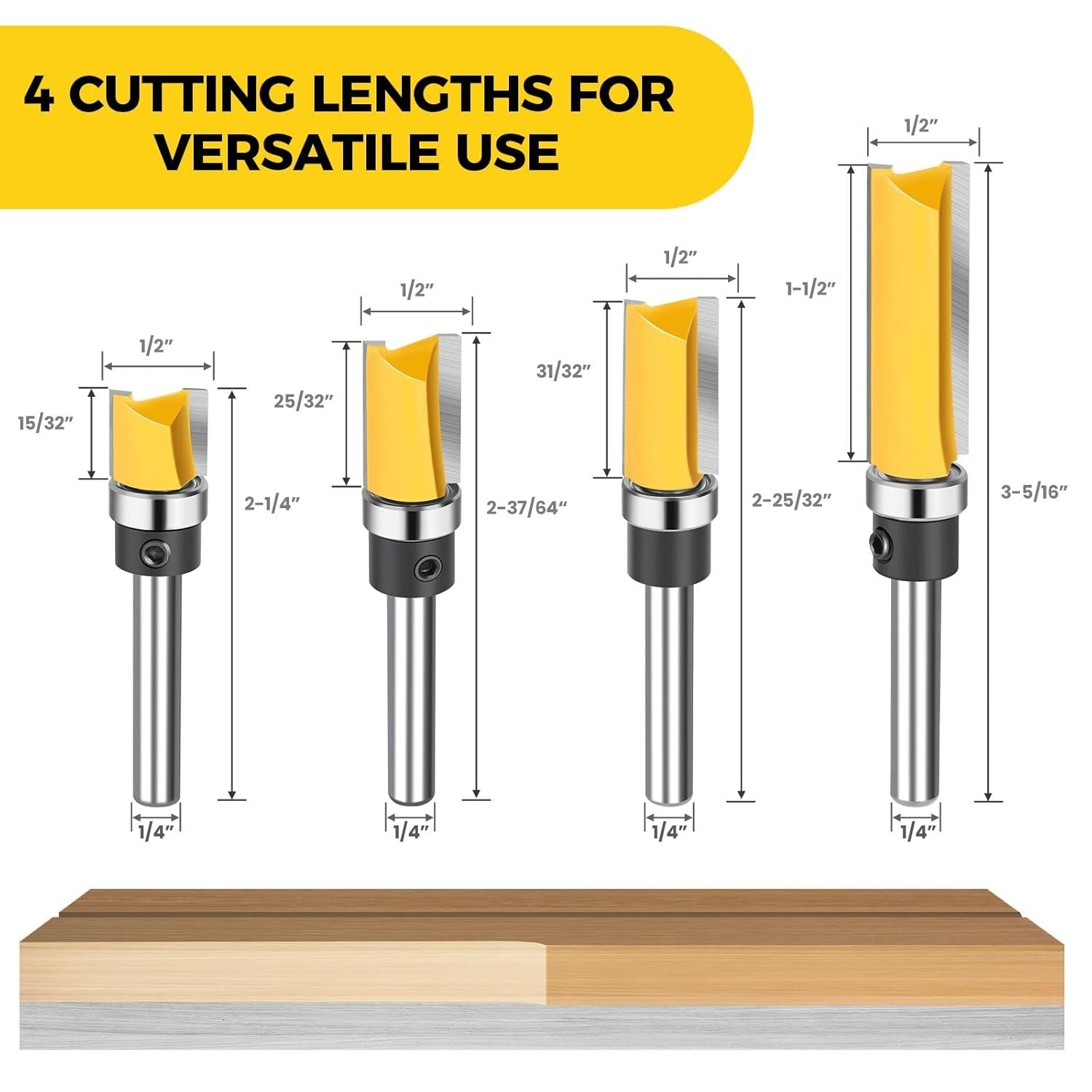 Junreox 4PCS Flush Trim Route Bit 1/4 Shank, Premium Pattern Cut Route...