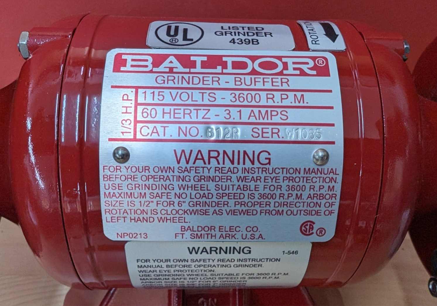 Replacement Bench Grinder Label Set Red 6” | Baldor | Sublimated | USA