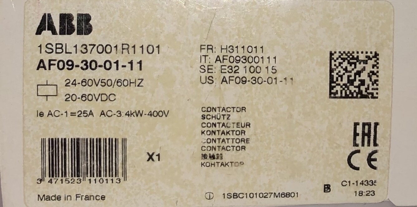 ABB AF09 30 01 11 20-60VDC Contactor 3 Pole 1SBL137001R1101