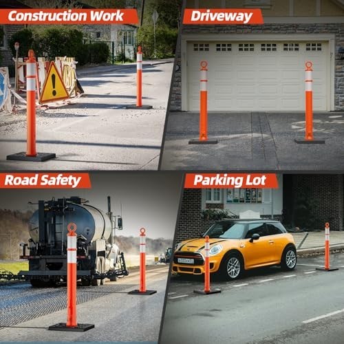 Portable 42" Traffic Delineator Posts with Reflective Collars - 3 Pack for Road