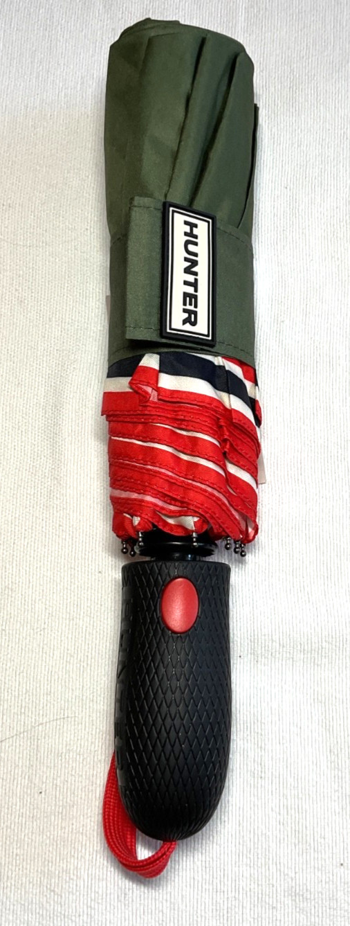 HUNTER UMBRELLA GREEN RED STRIPES WITH COVER 100% POLYESTER NWT