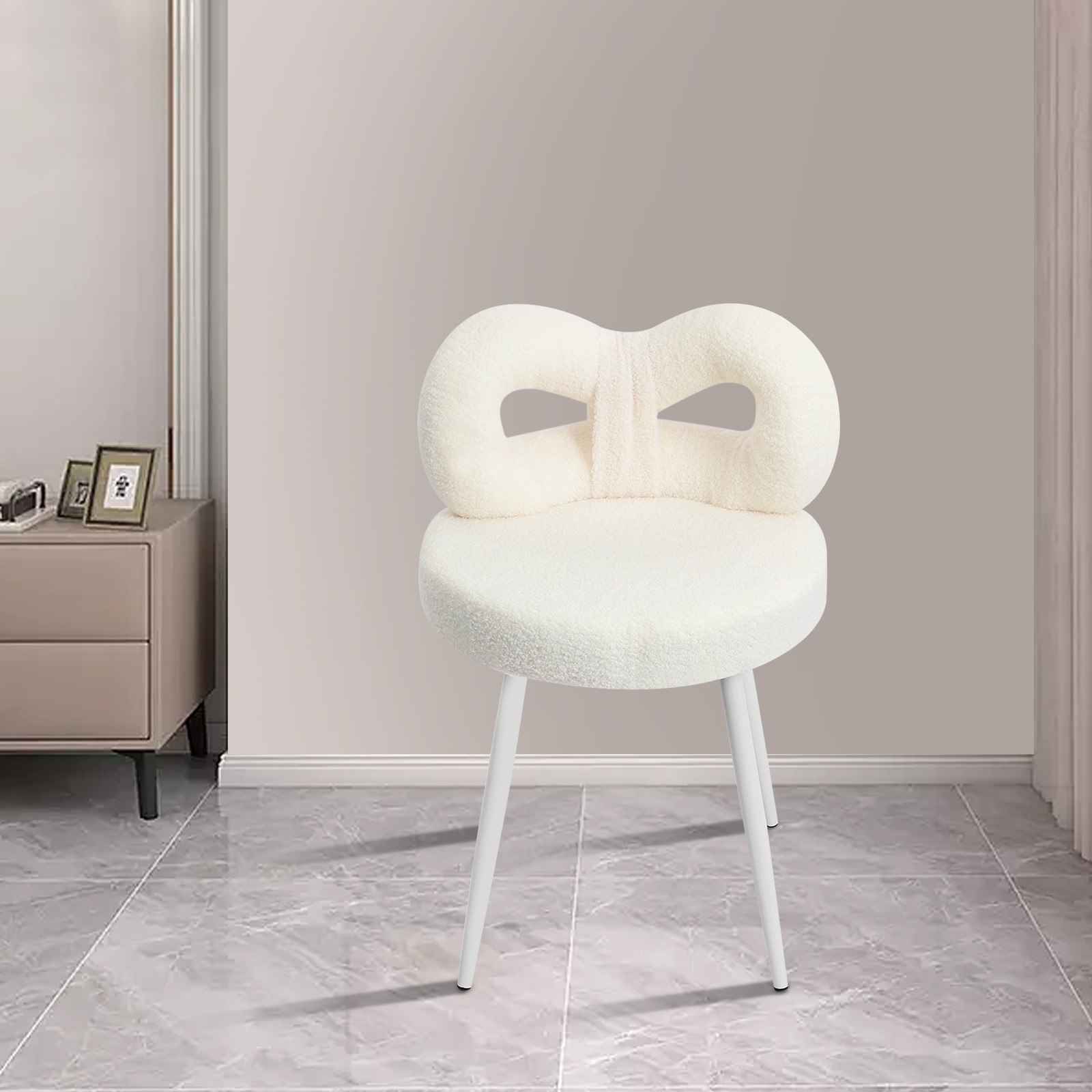 Vanity Chair with Cute Bow Backrest & Wheels 360° Rolling Makeup Seat White