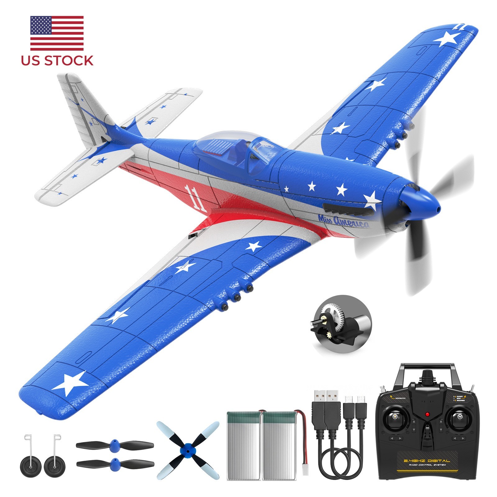 Volantexrc 4-CH P-51D Mustang "Miss America" RC Airplane, One-Key Aerobatic, RTF