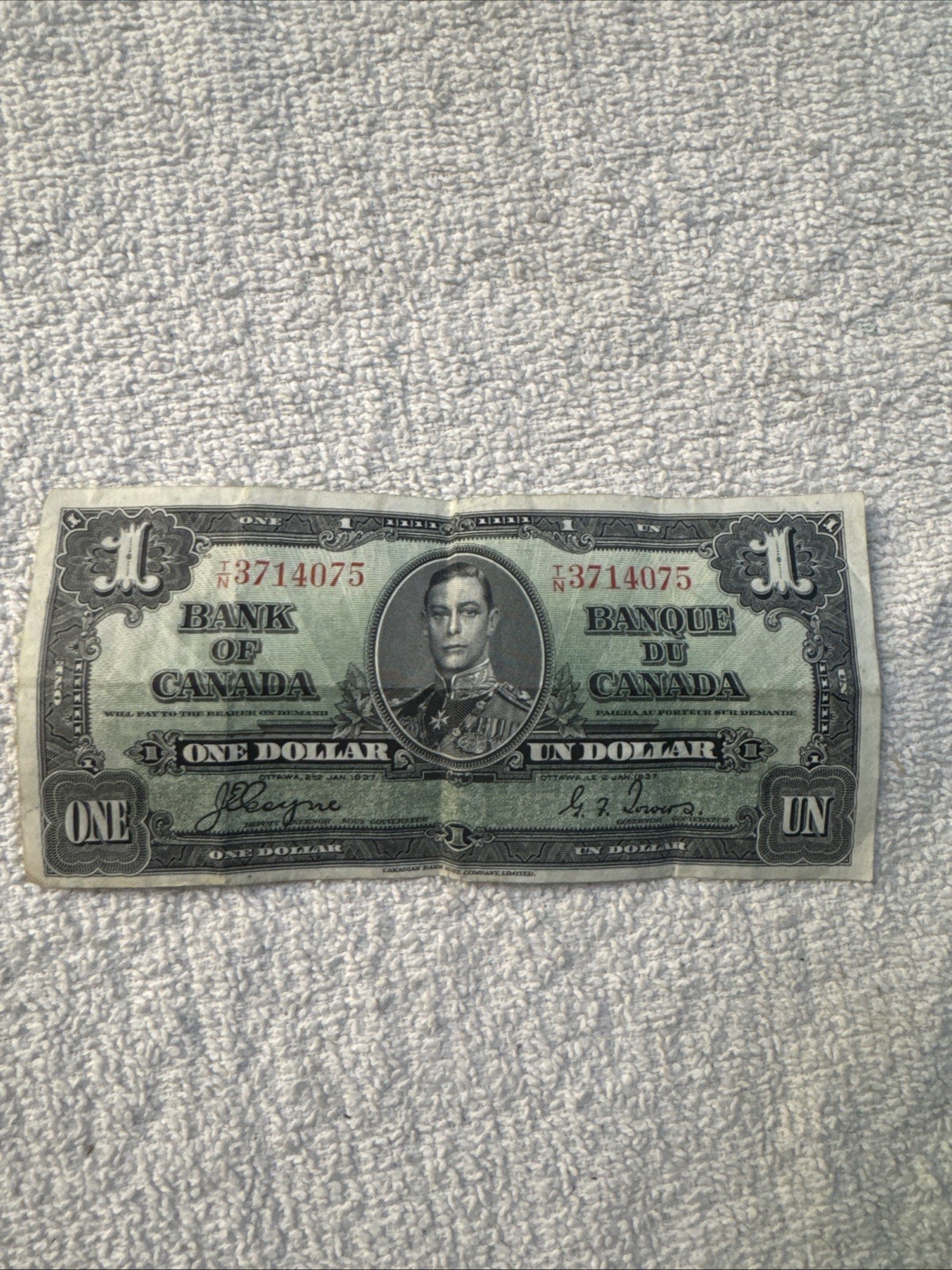 Vintage 1937 Canada One Dollar Banknote